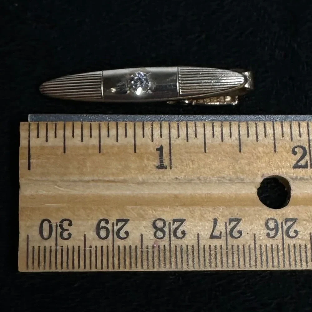 Vintage Gold Tone‎ Tie Bar Bullet Shape Rhinestone Ribbed Ends